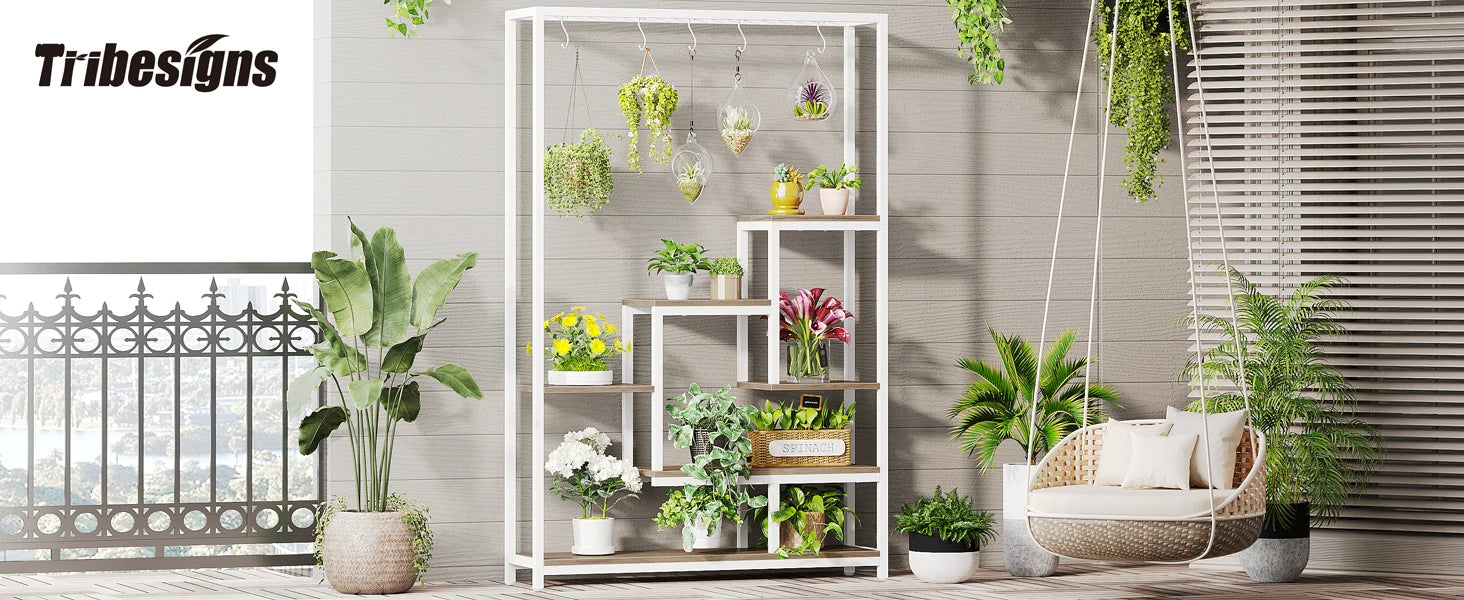 Tall 5-Tier Indoor Plant Stand with Hooks – Metal Flower Display Rack with 7 Shelves for Balcony & Living Room