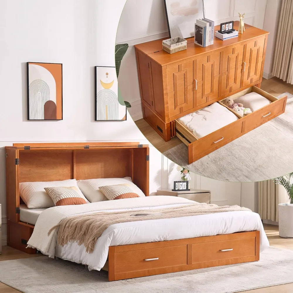 Queen Murphy Bed with Mattress & Storage – Foldable Cabinet Bed with Drawers & Charging Station for Small Spaces (Cherry Finish)