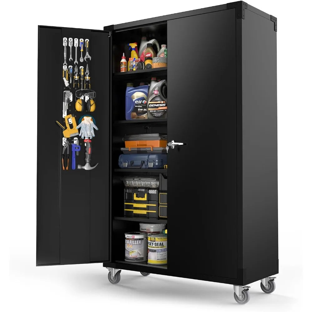 Wide Metal Garage Storage Cabinet with Pegboards, Lockable Doors, Wheels & Adjustable Shelves