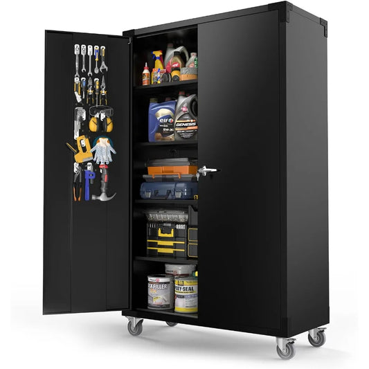 Wide Metal Garage Storage Cabinet with Pegboards, Lockable Doors, Wheels & Adjustable Shelves