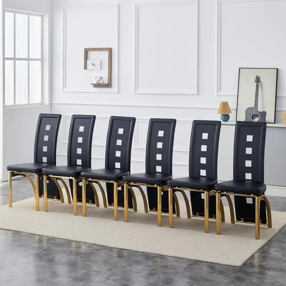 Set of 6 Modern High-Back Dining Chairs – Faux Leather Upholstery, Black with Gold Legs, Ergonomic & Stylish Seating