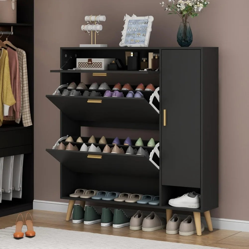 Shoe Cabinet with 2 Flip Drawers & Side Storage – Adjustable Shelves for Entryway and Hallway Organization