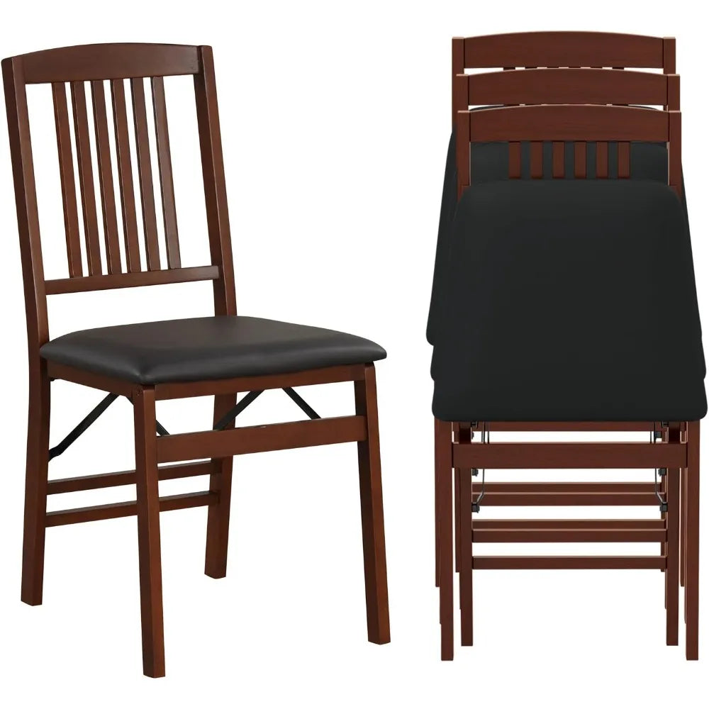 Set of 4 Folding Wooden Dining Chairs – No Assembly, Padded Faux Leather Seat, 400 lbs Capacity, Space-Saving Side Chairs (Brown/Black)