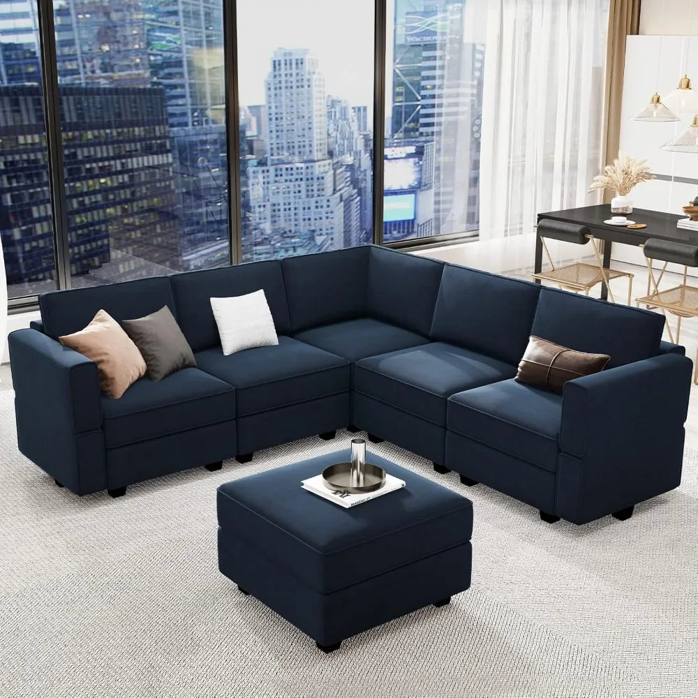 Modular Velvet Sectional Sofa with Storage – Adjustable L-Shaped Convertible Couch for Living Room (Blue)