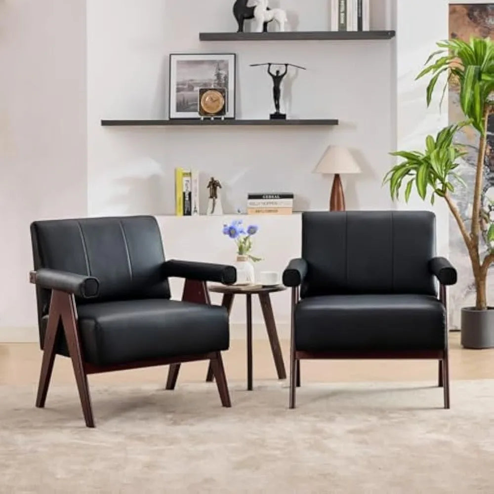 Set of 2 Black Faux Leather Accent Chairs – Mid-Century Modern Armchairs for Living Room, Office & Waiting Room