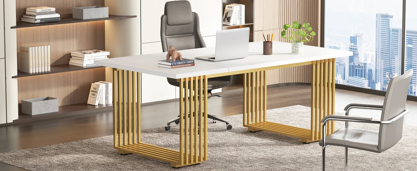 70.9" Modern Executive Office Desk – Grey Workstation with Gold Metal Legs & Spacious Desktop