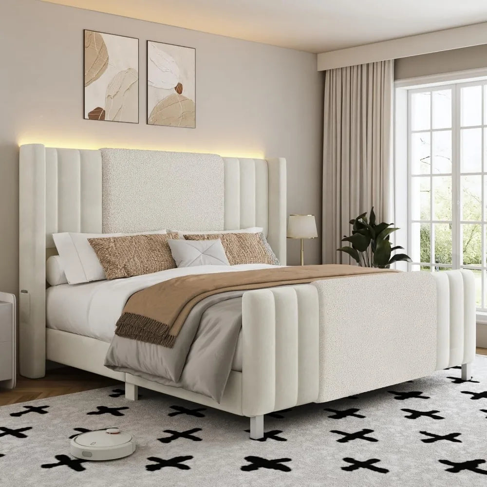 Queen Size Upholstered Bed Frame with LED Lights – Boucle & Velvet, Tall Wingback Headboard, No Box Spring Needed, Modern Platform