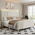 Queen Size Upholstered Bed Frame with LED Lights – Boucle & Velvet, Tall Wingback Headboard, No Box Spring Needed, Modern Platform
