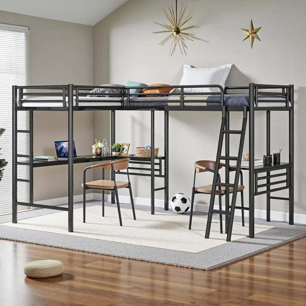 Twin L-Shaped Loft Bed with 2 Desks – Heavy-Duty Metal Corner Bunk Bed with Ladders & Safety Guardrails