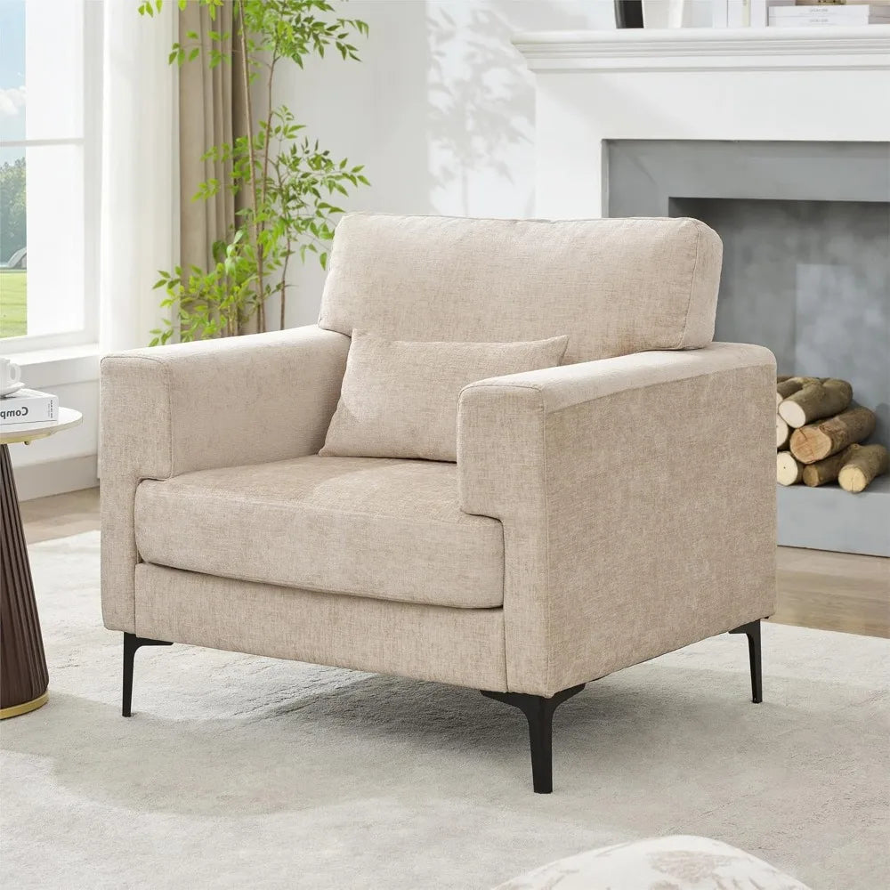 Oversized Chenille Accent Chair with Metal Legs – Extra Large Comfy Armchair for Reading, Living Room & Bedroom (Brown)