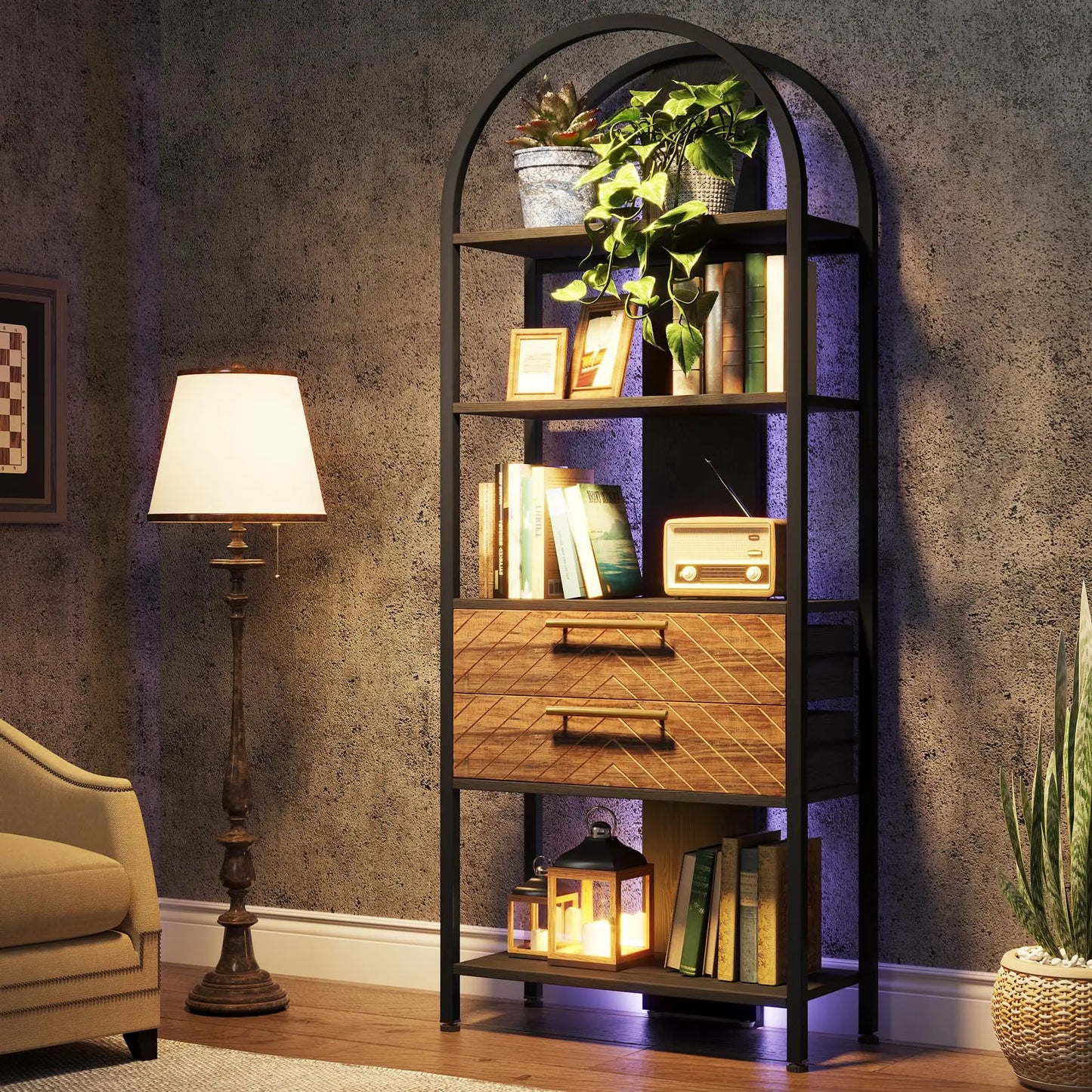 Tall Arched Bookshelf with Drawers and LED – Modern Open Storage Display for Living Room or Office