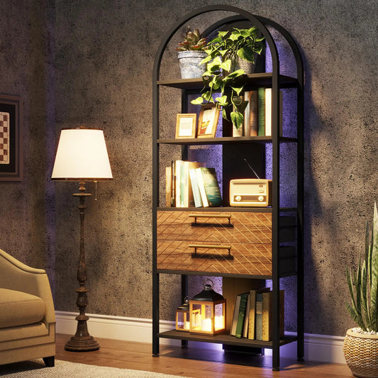 Tall Arched Bookshelf with Drawers and LED – Modern Open Storage Display for Living Room or Office