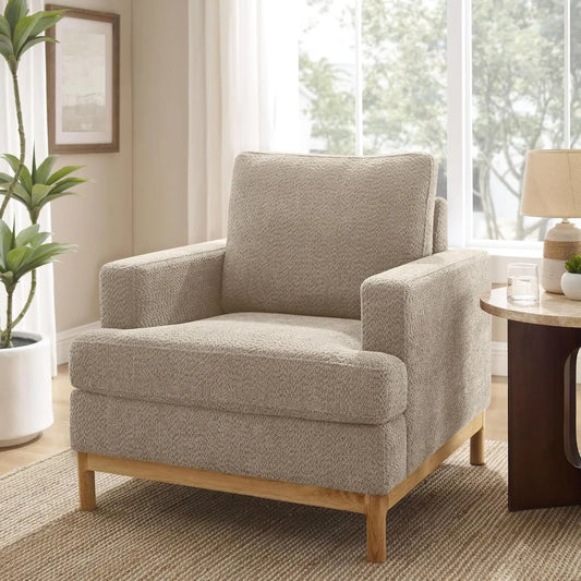 Oversized Mid-Century Accent Chair – Boucle Upholstered Armchair for Living Room or Bedroom (Camel)