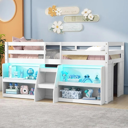Twin Low Loft Bed with LED Lights, Stairs, Guardrail & Bookcase – Solid Wood Frame with Under-Bed Storage