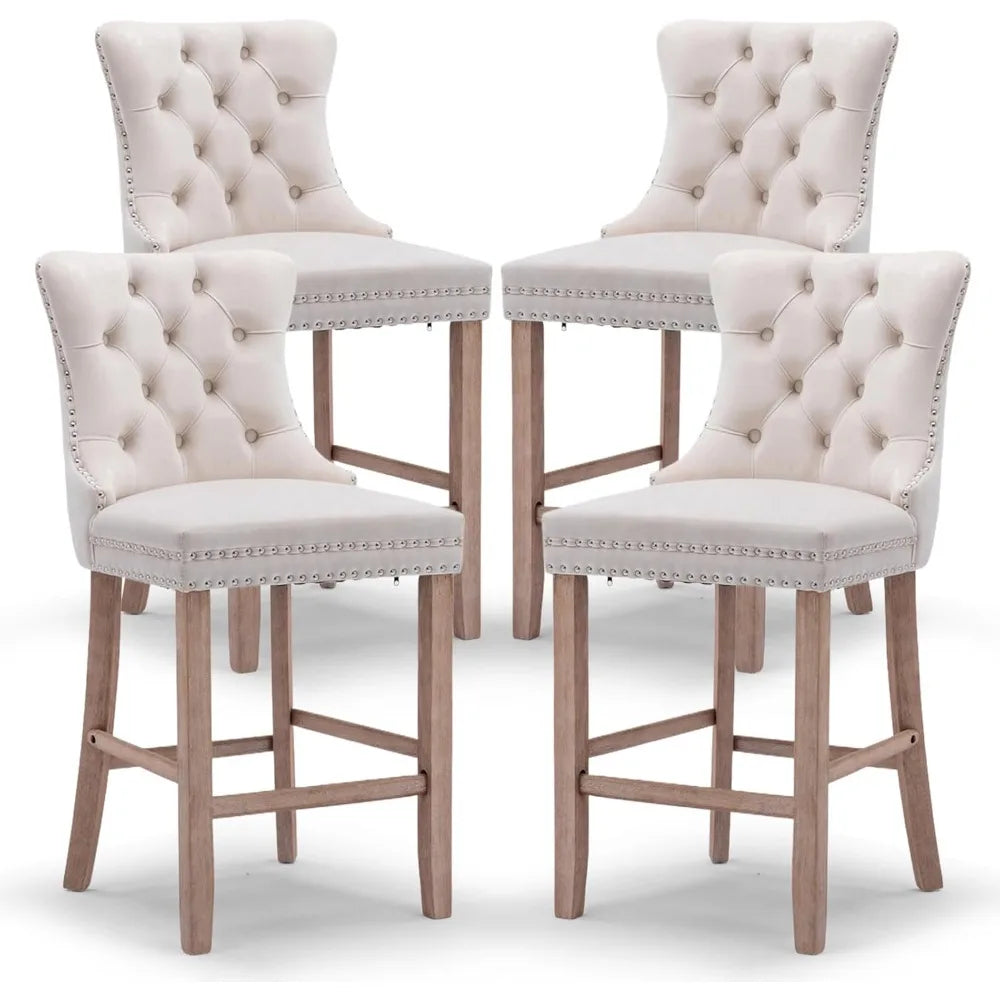 Set of 4 Modern Velvet Bar Stools – Beige Tufted Counter Height Chairs with Wood Legs & Nailhead Trim