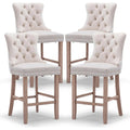 Set of 4 Modern Velvet Bar Stools – Beige Tufted Counter Height Chairs with Wood Legs & Nailhead Trim