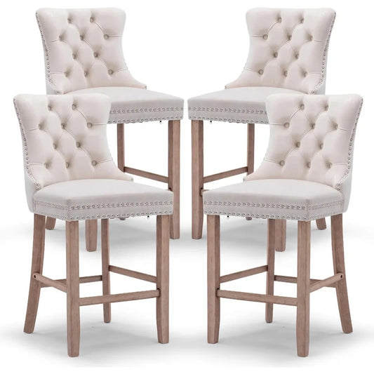 Set of 4 Modern Velvet Bar Stools – Beige Tufted Counter Height Chairs with Wood Legs & Nailhead Trim