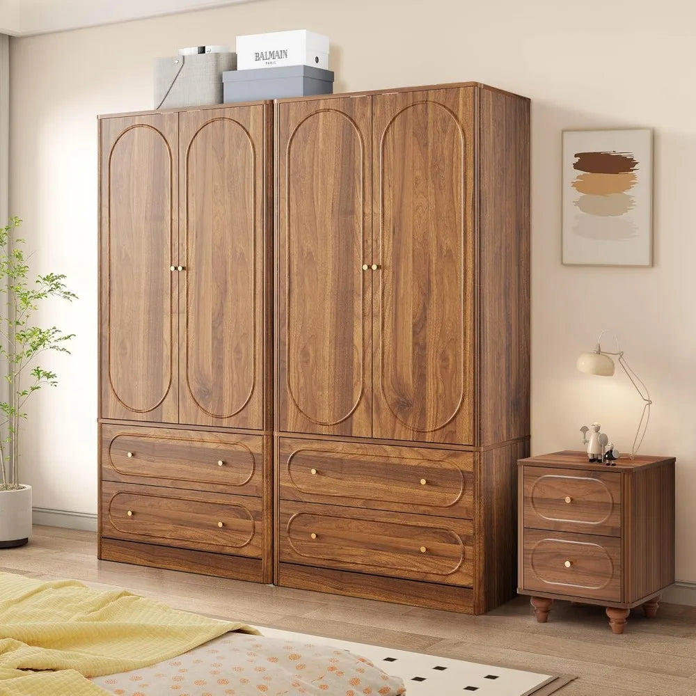 Set of 2 Freestanding Wardrobe Closets with Fluted Doors & Drawers – Modern Armoire Storage Cabinets, Walnut Finish