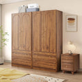 Set of 2 Freestanding Wardrobe Closets with Fluted Doors & Drawers – Modern Armoire Storage Cabinets, Walnut Finish