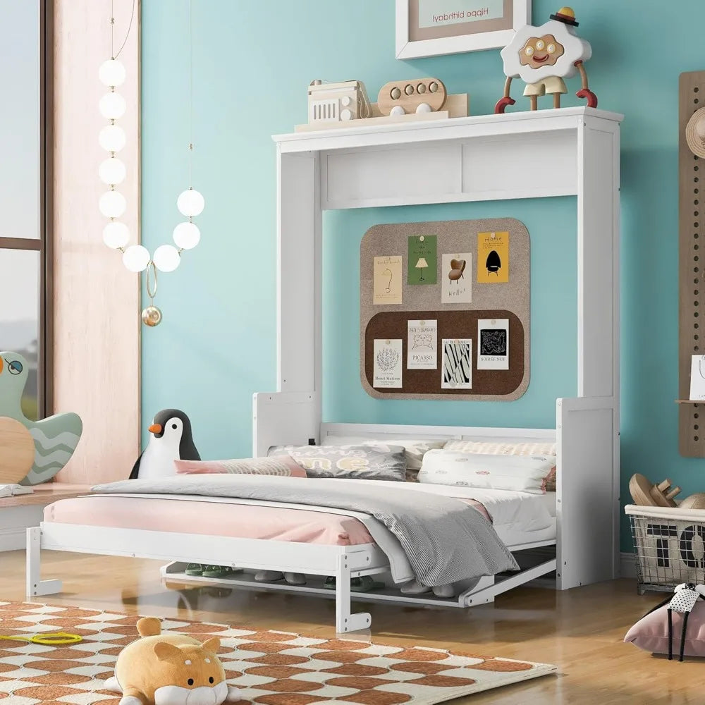 Queen Size Murphy Bed with Storage Shelf – Foldable Wall Bed Frame with Desk & Bookshelf for Guest Room or Home Office