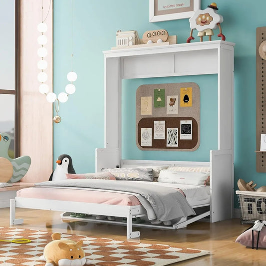 Queen Size Murphy Bed with Storage Shelf – Foldable Wall Bed Frame with Desk & Bookshelf for Guest Room or Home Office