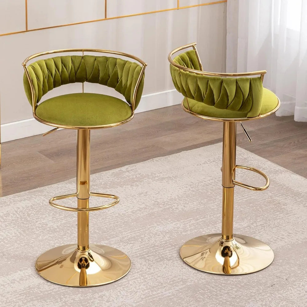 Set of 2 Modern Velvet Swivel Bar Stools – Adjustable Height Counter Chairs with Gold Base