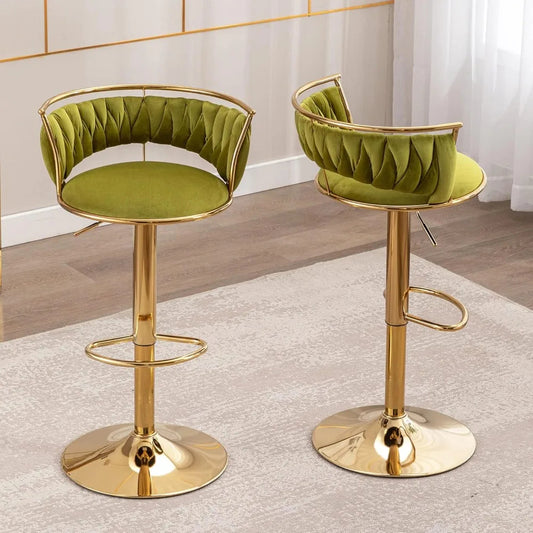 Set of 2 Modern Velvet Swivel Bar Stools – Adjustable Height Counter Chairs with Gold Base