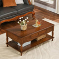 Vintage Rectangular Coffee Table with 2 Storage Drawers – Mid-Century Solid Wood Table with Carved Legs & Shelf