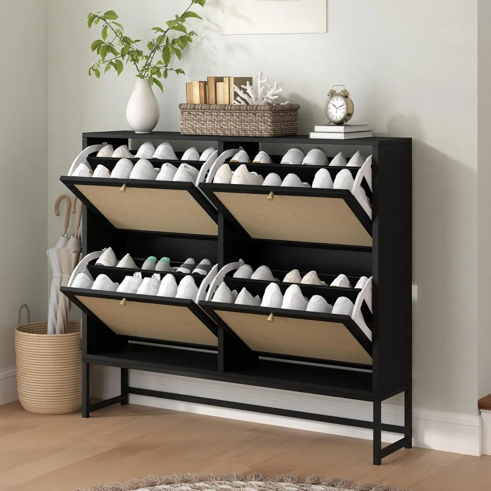 Slim Shoe Cabinet with 4 Flip Drawers – Narrow Freestanding Shoe Organizer with Fabric Panels & Metal Legs for Entryway (Black, 8-Tier)