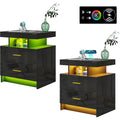 Set of 2 LED Nightstands with USB, Type-C & Wireless Charging – Modern Black Bedside Tables with RGB Auto Lights & Storage Drawers