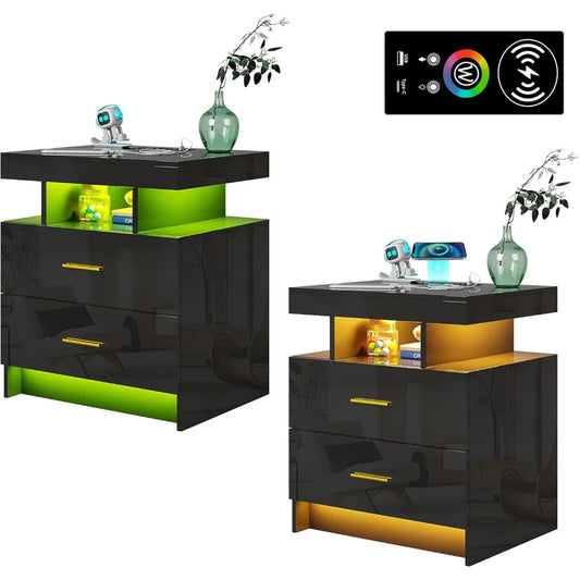 Set of 2 LED Nightstands with USB, Type-C & Wireless Charging – Modern Black Bedside Tables with RGB Auto Lights & Storage Drawers