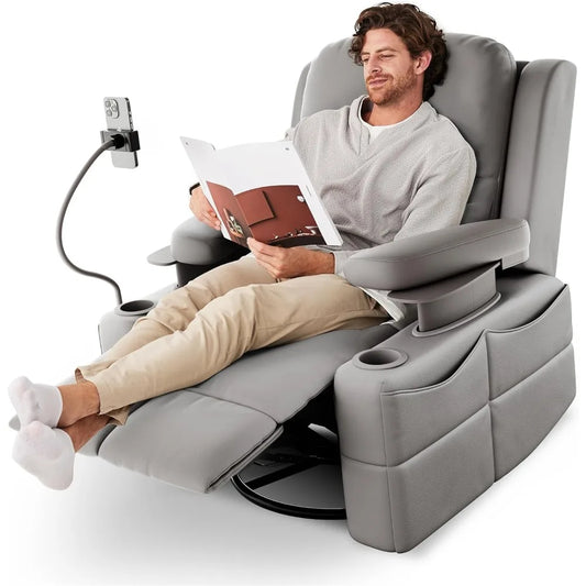 Oversized Power Recliner Chair – Swivel Rocker with Adjustable Armrests & Back, Faux Leather Recliner for Living Room