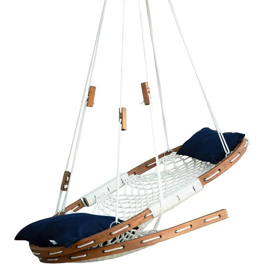 Summit Hanging Hammock Chair with Wooden Frame, Navy Cushions & Footrest – Handwoven Canvas Swing for Patio, Porch, or Indoor Use