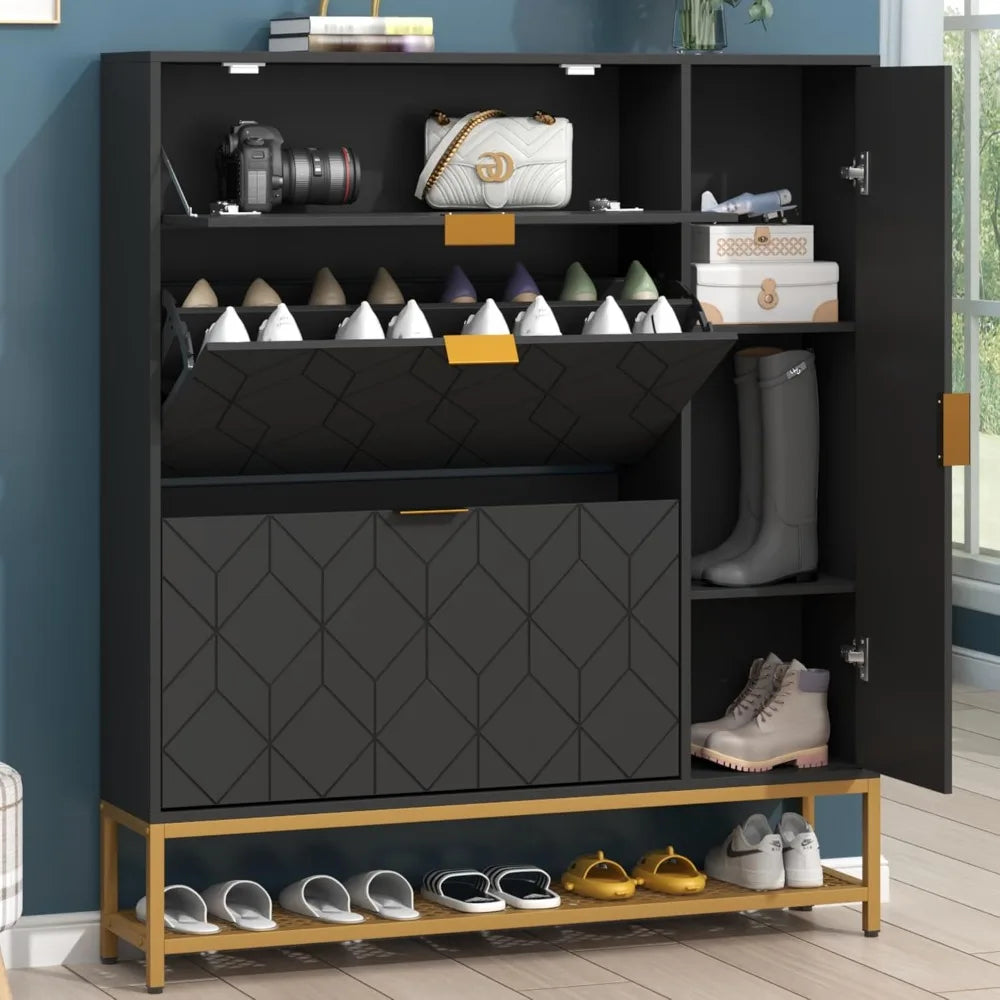 Slim Freestanding Shoe Cabinet with 2 Flip Drawers & Adjustable Shelves – Narrow Entryway Storage Rack