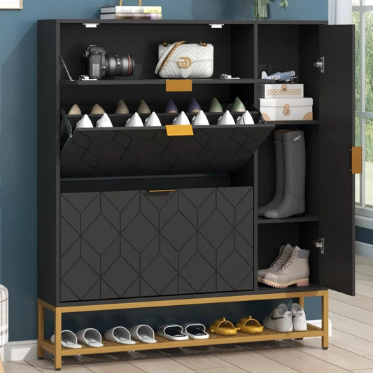 Slim Freestanding Shoe Cabinet with 2 Flip Drawers & Adjustable Shelves – Narrow Entryway Storage Rack