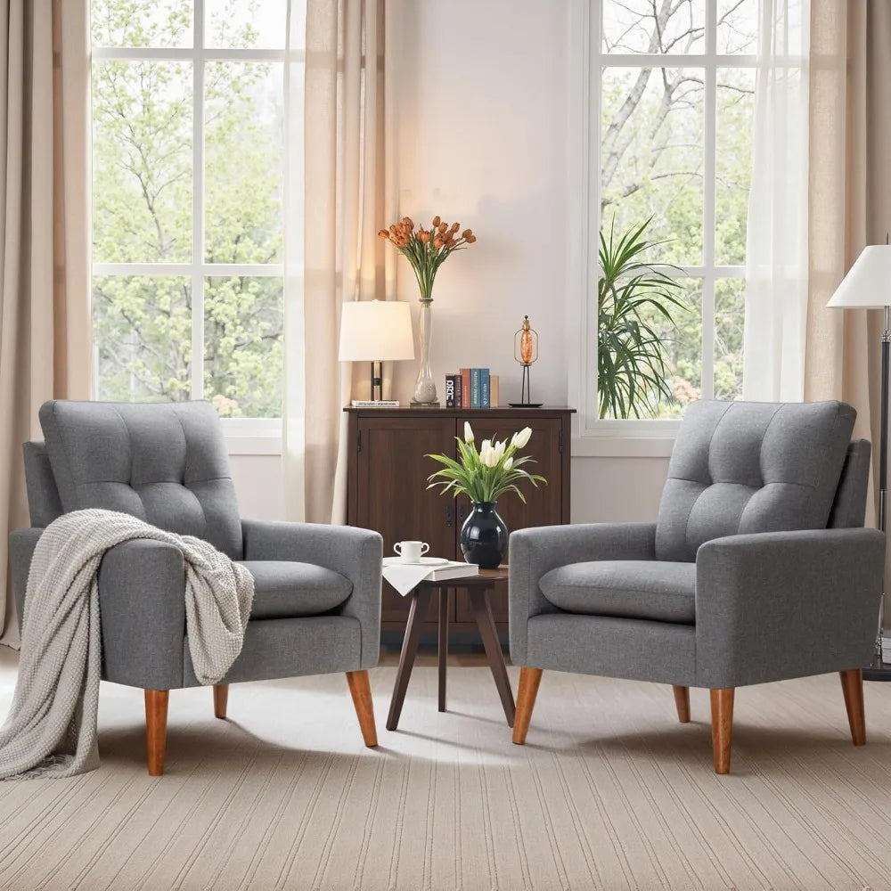 Set of 2 Mid-Century Modern Accent Chairs – Tufted Fabric Armchairs with Wood Legs for Living Room, Bedroom, or Reading Nook