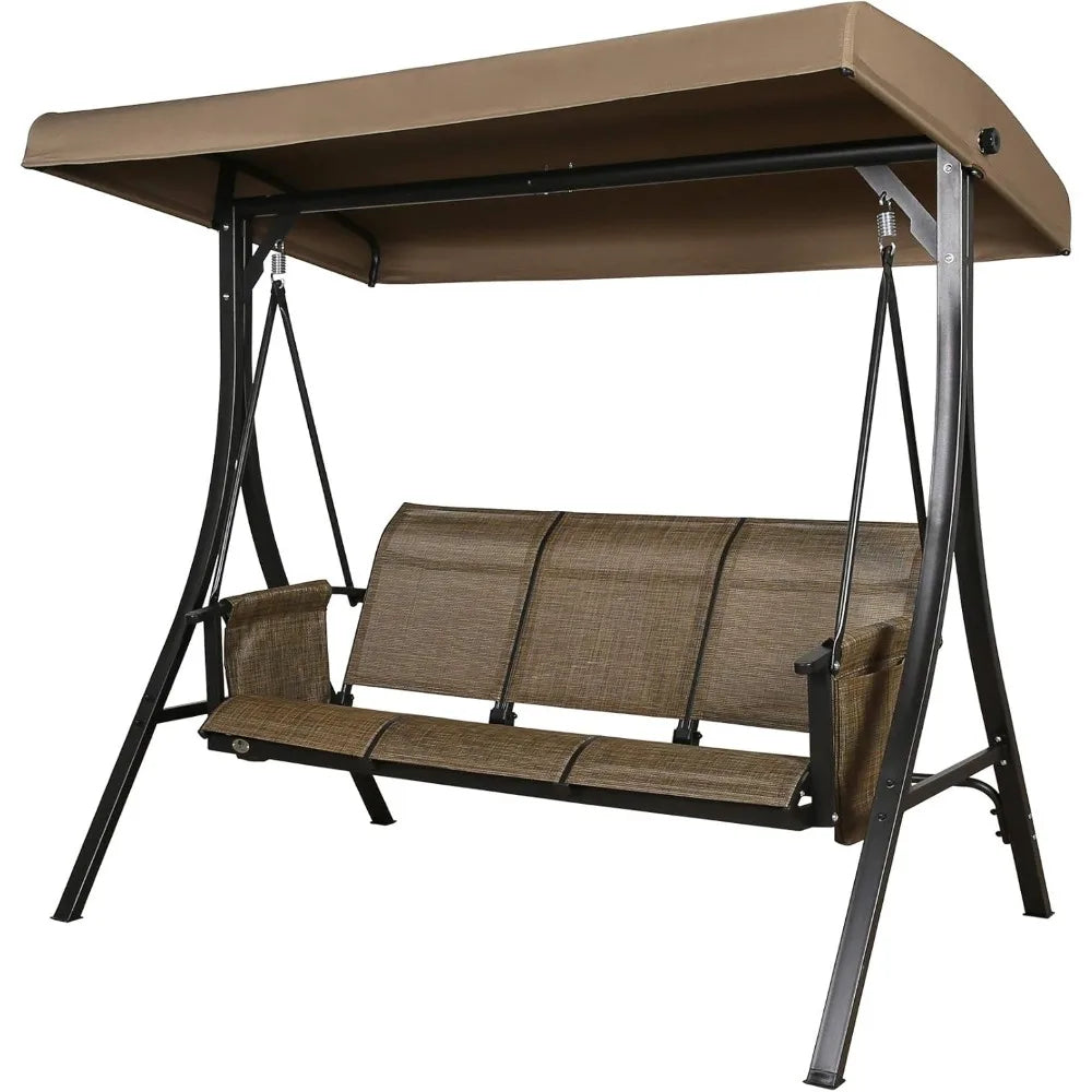 Outdoor 3-Seater Porch Swing Chair with Stand – Adjustable Canopy, Mesh Seats, Storage Pockets, and Steel Frame, Brown