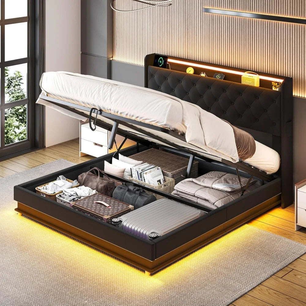 Queen Lift-Up Storage Bed Frame with USB Ports & LED Lights – Black Upholstered Platform Bed with Wingback Headboard & Hydraulic Storage