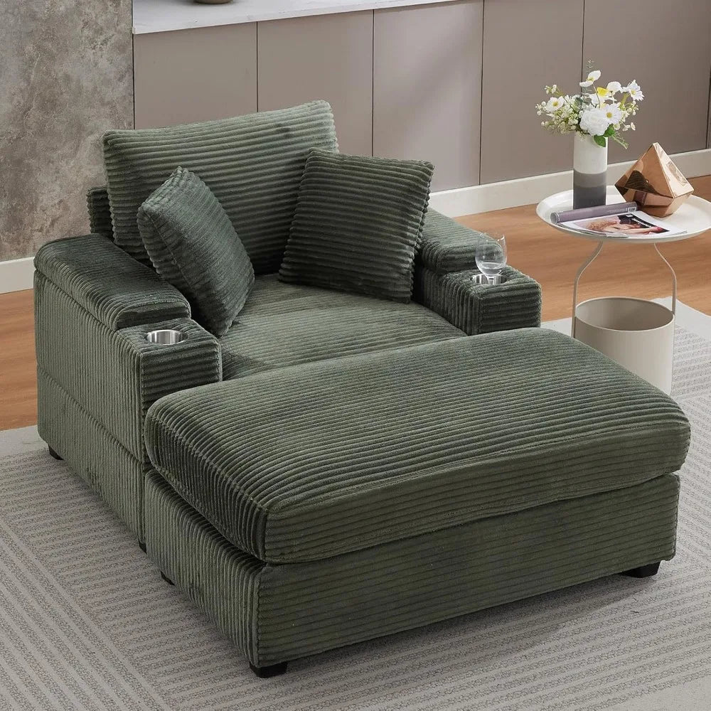 Oversized Chaise Lounge Chair with Ottoman – Deep Seat Corduroy Recliner with Storage & Cup Holders, Green