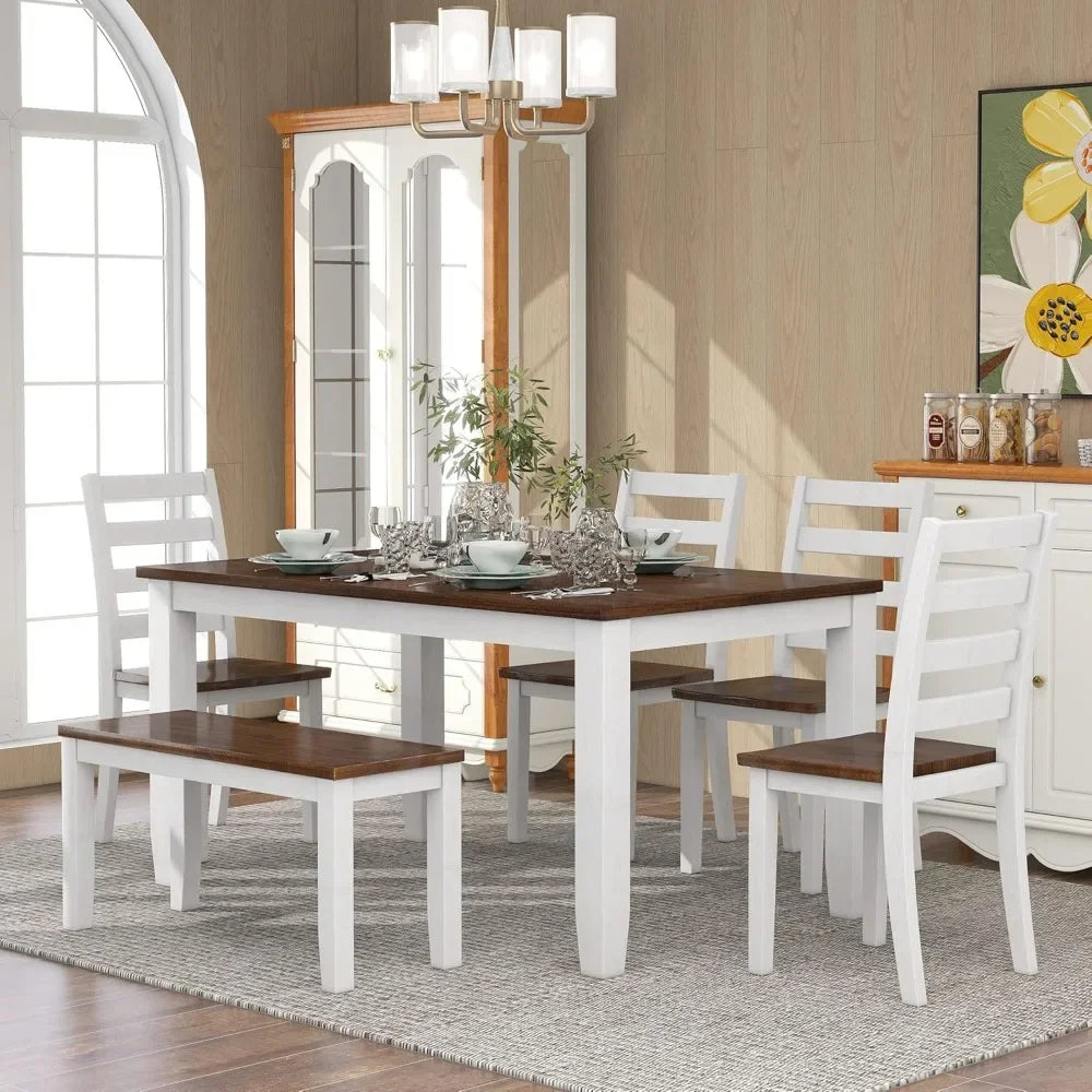 Rustic 6-Piece Dining Table Set with Bench & 4 Padded Chairs – Farmhouse Wood Table in Walnut + Cottage White