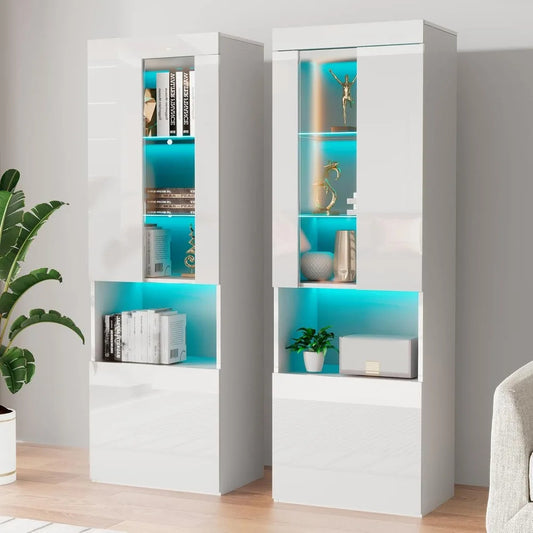 Set of 2 Tall 71" LED Bookcase Display Cabinets – Glass Doors, Gloss Finish, Adjustable Shelves