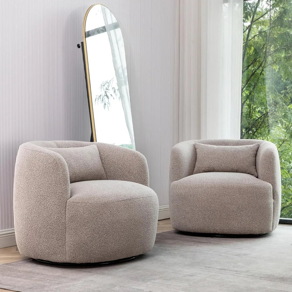 Set of 2 Boucle Swivel Barrel Chairs, 34" Wide Round Armchairs – No Assembly, Upholstered Accent Chairs