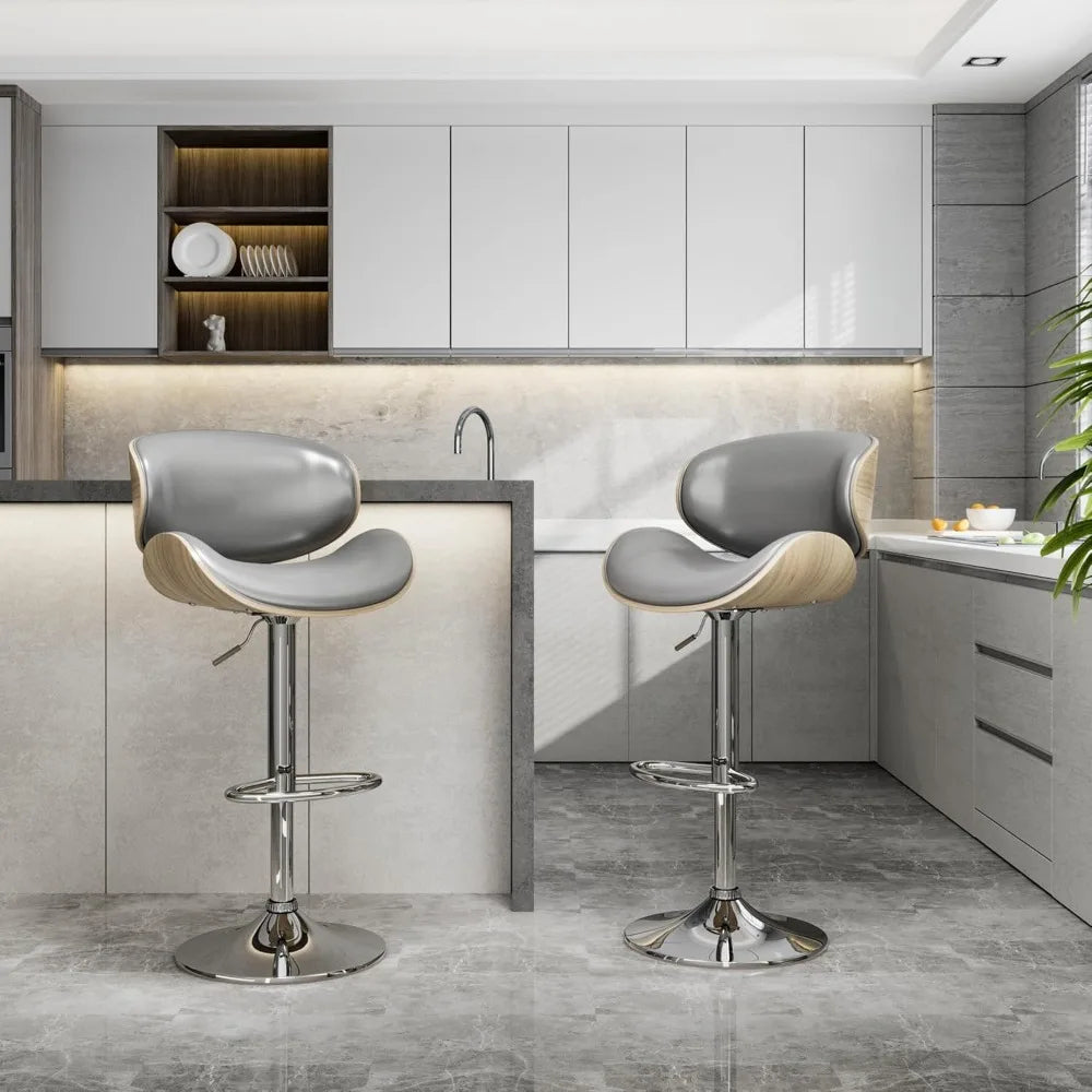 Set of 2 Adjustable Swivel Bar Stools – PU Leather Mid-Century Modern Chairs with Backrest & Footrest, Bentwood Frame (Counter Height)