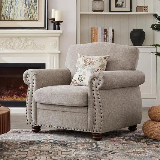 Rolled Arm Chenille Accent Chair – Nailhead Trim Club Chair with Cushions & Solid Wood Legs (Beige)
