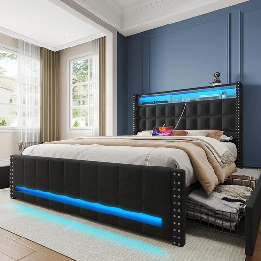 Queen Bed Frame with Storage Drawers, LED Headboard & Charging Ports