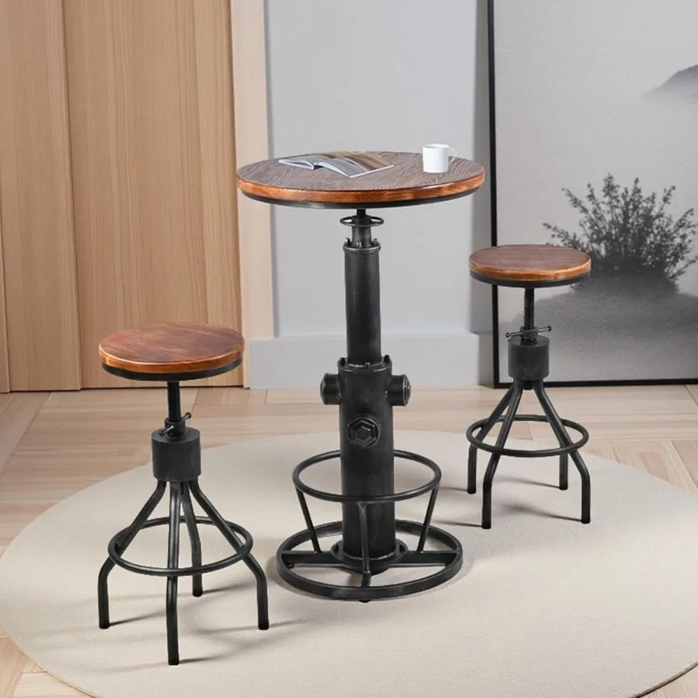 Vintage Industrial Bar Table & 2 Adjustable Swivel Stools – Wood Top & Metal Frame, Height Adjustable for Kitchen, Bar, or Cafe