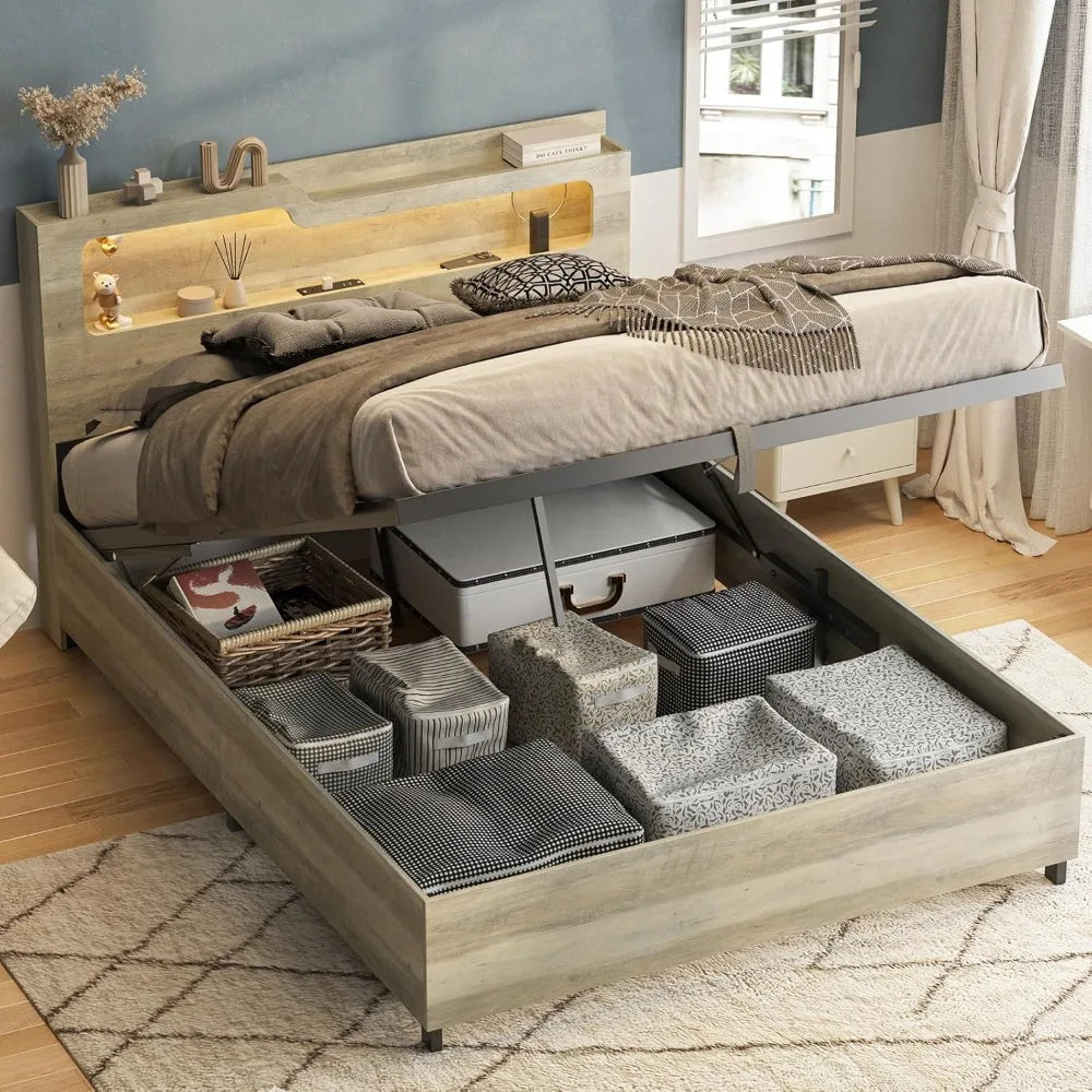 Queen Size Platform Bed with Lift-Up Storage, 2-Tier Headboard & Charging Station – Gray