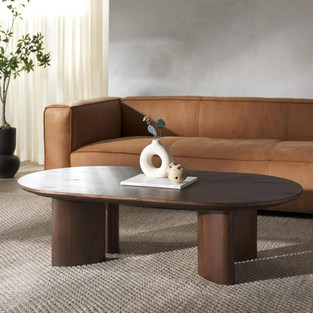 Walnut Oval Solid Wood Coffee Table – 56" Mid-Century Modern Oblong Table for Living Room