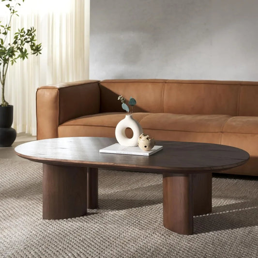 Walnut Oval Solid Wood Coffee Table – 56" Mid-Century Modern Oblong Table for Living Room