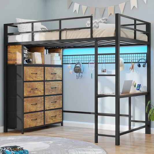 Ultimate Twin Loft Bed with Desk, LED Lights & 8-Drawer Dresser – Smart Storage & Study Combo